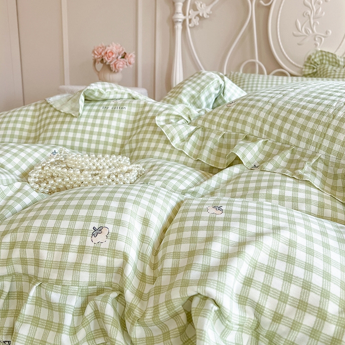 91家纺网 家纺一手货源 找家纺 网红馆2025新款针织印花单床裙 小绿格