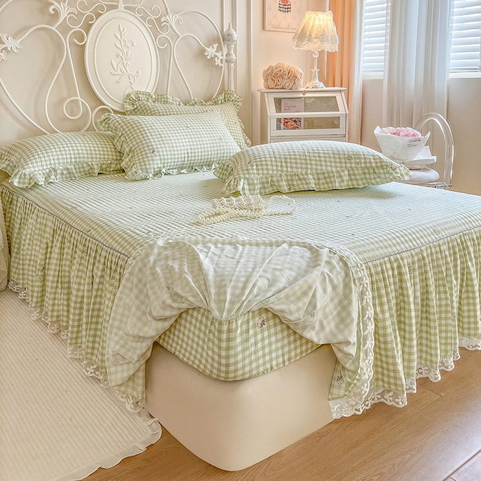 91家纺网 家纺一手货源 找家纺 网红馆2025新款针织印花单床裙 小绿格