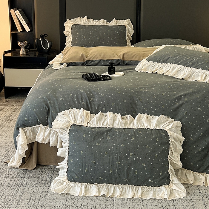 91家纺网 家纺一手货源 找家纺 亨通家纺 2025新款原麻镂空宽花边四件套-花卉系列 碎花絮语-灰