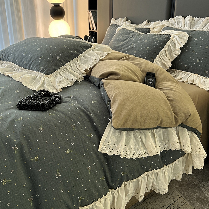 91家纺网 家纺一手货源 找家纺 亨通家纺 2025新款原麻镂空宽花边四件套-花卉系列 碎花絮语-灰