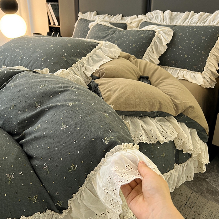 91家纺网 家纺一手货源 找家纺 亨通家纺 2025新款原麻镂空宽花边四件套-花卉系列 碎花絮语-灰