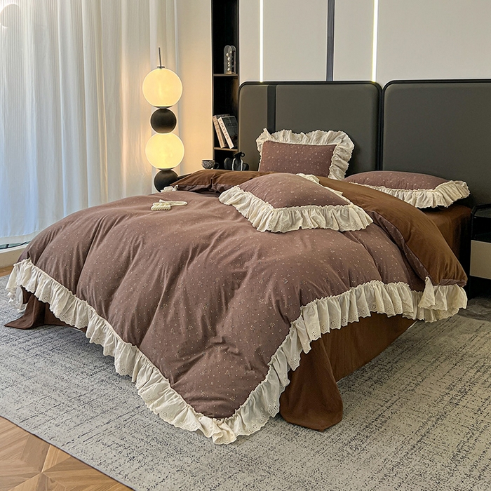 91家纺网 家纺一手货源 找家纺 亨通家纺 2025新款原麻镂空宽花边四件套-花卉系列 碎花絮语-咖