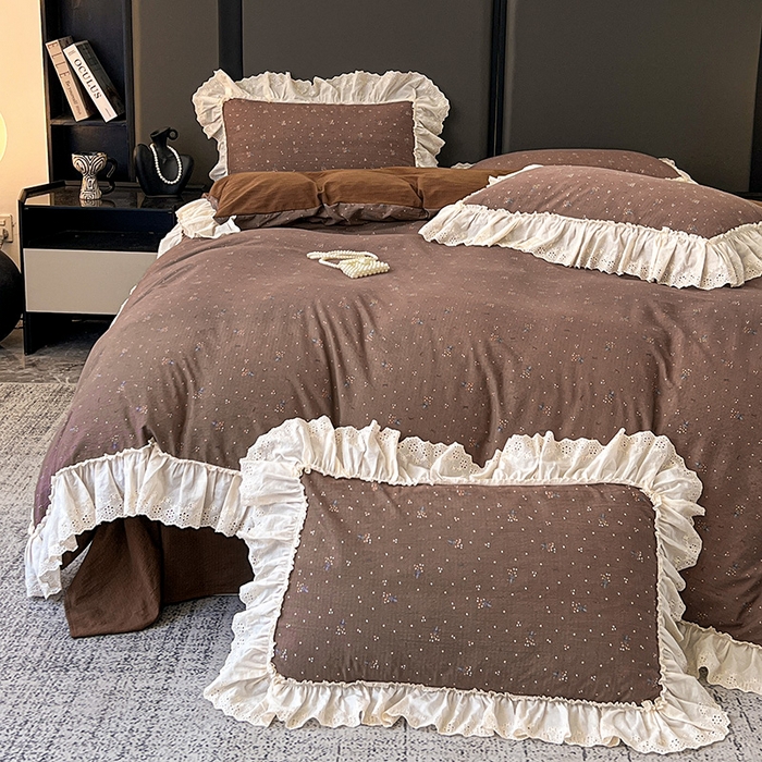 91家纺网 家纺一手货源 找家纺 亨通家纺 2025新款原麻镂空宽花边四件套-花卉系列 碎花絮语-咖