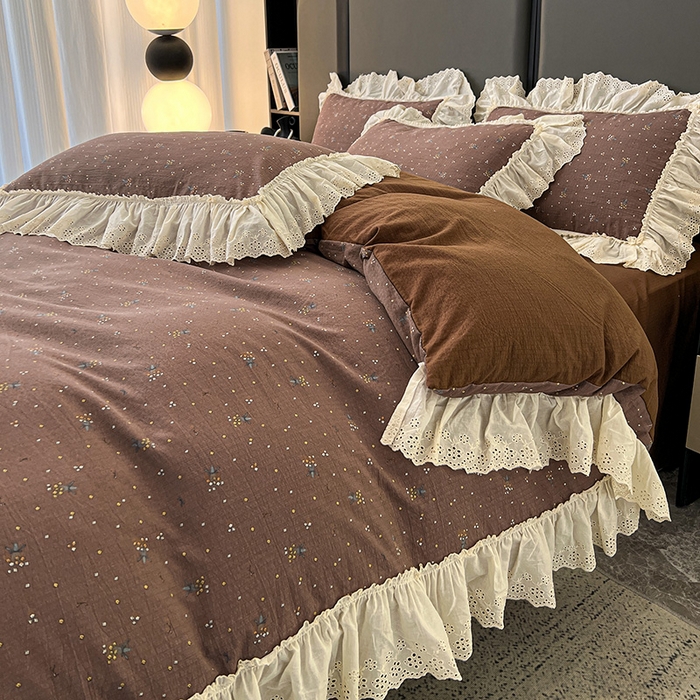 91家纺网 家纺一手货源 找家纺 亨通家纺 2025新款原麻镂空宽花边四件套-花卉系列 碎花絮语-咖