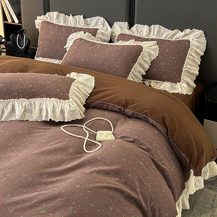 91家纺网 家纺一手货源 找家纺 亨通家纺 2025新款原麻镂空宽花边四件套-花卉系列 碎花絮语-咖