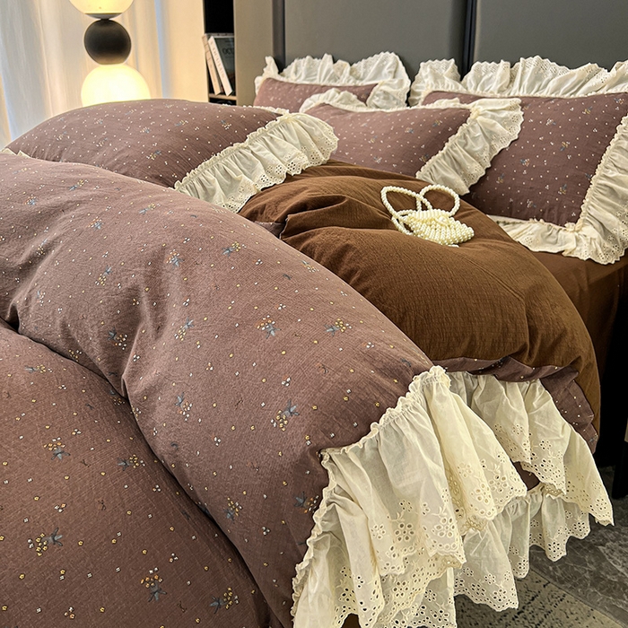 91家纺网 家纺一手货源 找家纺 亨通家纺 2025新款原麻镂空宽花边四件套-花卉系列 碎花絮语-咖