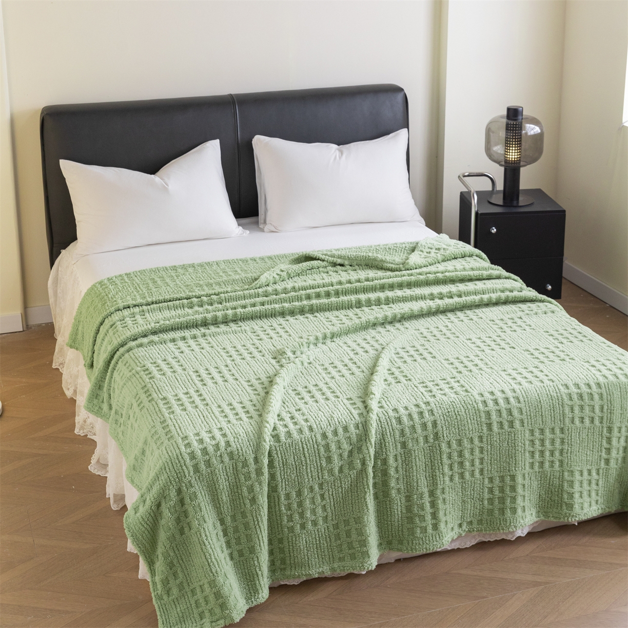 91家纺网 家纺一手货源 找家纺 梵心家纺 2025新款塔芙绒纯色华夫格提花毛毯多功能舒棉绒盖毯午睡毛毯-跨境电商 华夫格-茶绿