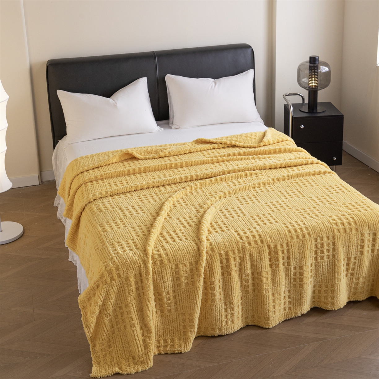 91家纺网 家纺一手货源 找家纺 梵心家纺 2025新款塔芙绒纯色华夫格提花毛毯多功能舒棉绒盖毯午睡毛毯-跨境电商 华夫格-黄色