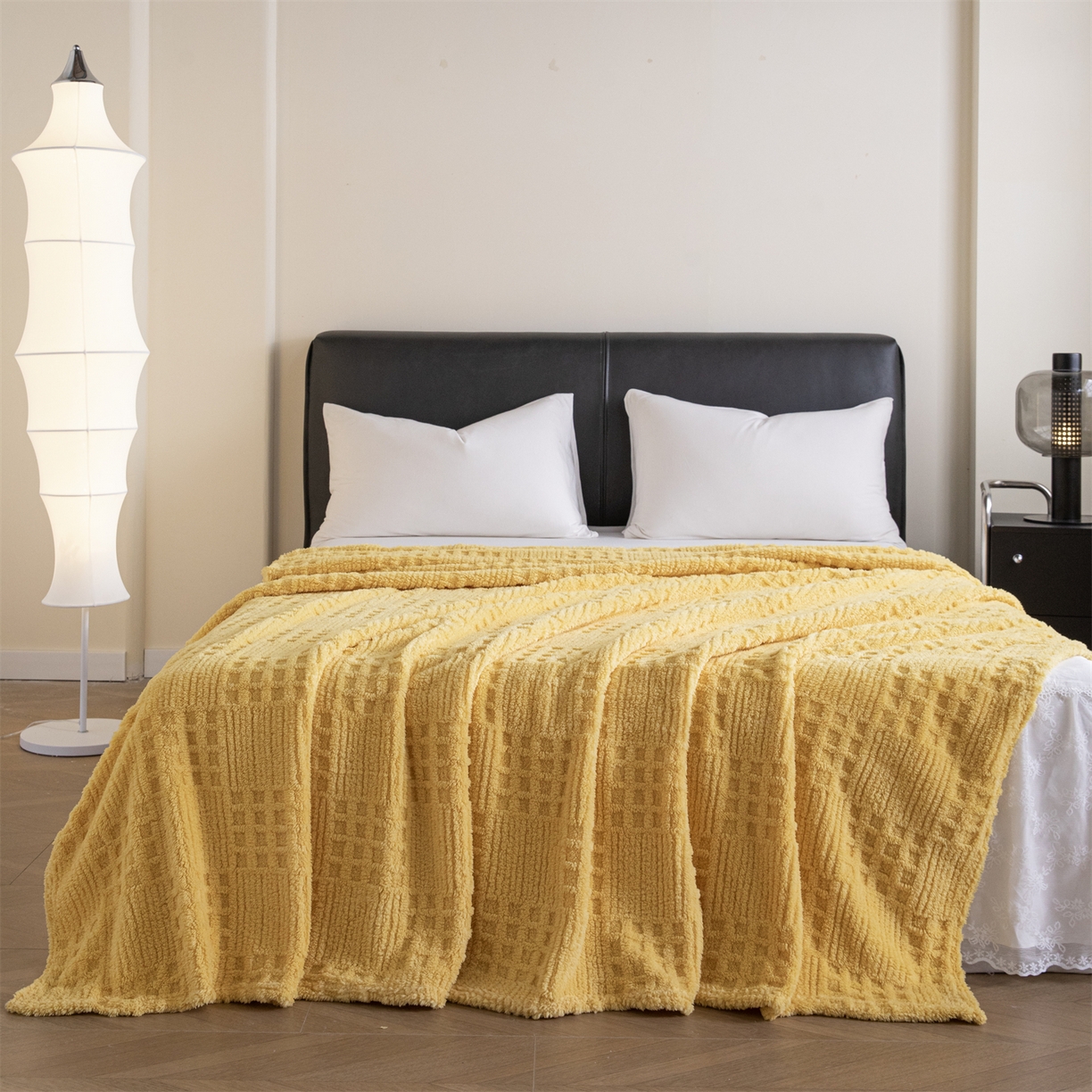 91家纺网 家纺一手货源 找家纺 梵心家纺 2025新款塔芙绒纯色华夫格提花毛毯多功能舒棉绒盖毯午睡毛毯-跨境电商 华夫格-黄色