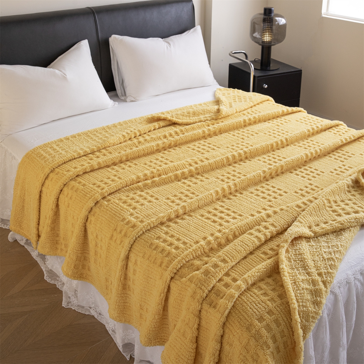 91家纺网 家纺一手货源 找家纺 梵心家纺 2025新款塔芙绒纯色华夫格提花毛毯多功能舒棉绒盖毯午睡毛毯-跨境电商 华夫格-黄色