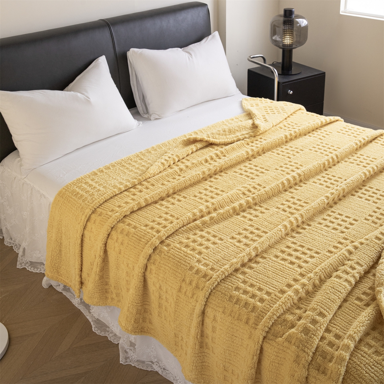 91家纺网 家纺一手货源 找家纺 梵心家纺 2025新款塔芙绒纯色华夫格提花毛毯多功能舒棉绒盖毯午睡毛毯-跨境电商 华夫格-黄色