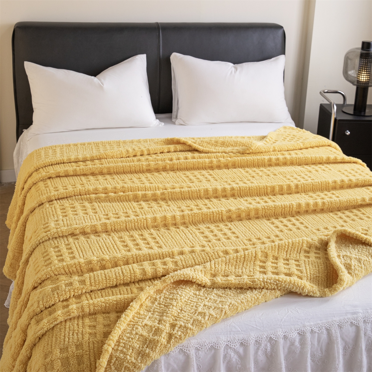 91家纺网 家纺一手货源 找家纺 梵心家纺 2025新款塔芙绒纯色华夫格提花毛毯多功能舒棉绒盖毯午睡毛毯-跨境电商 华夫格-黄色