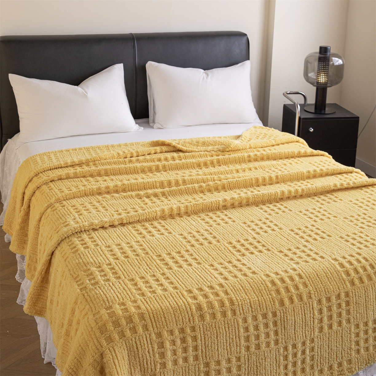 91家纺网 家纺一手货源 找家纺 梵心家纺 2025新款塔芙绒纯色华夫格提花毛毯多功能舒棉绒盖毯午睡毛毯-跨境电商 华夫格-黄色