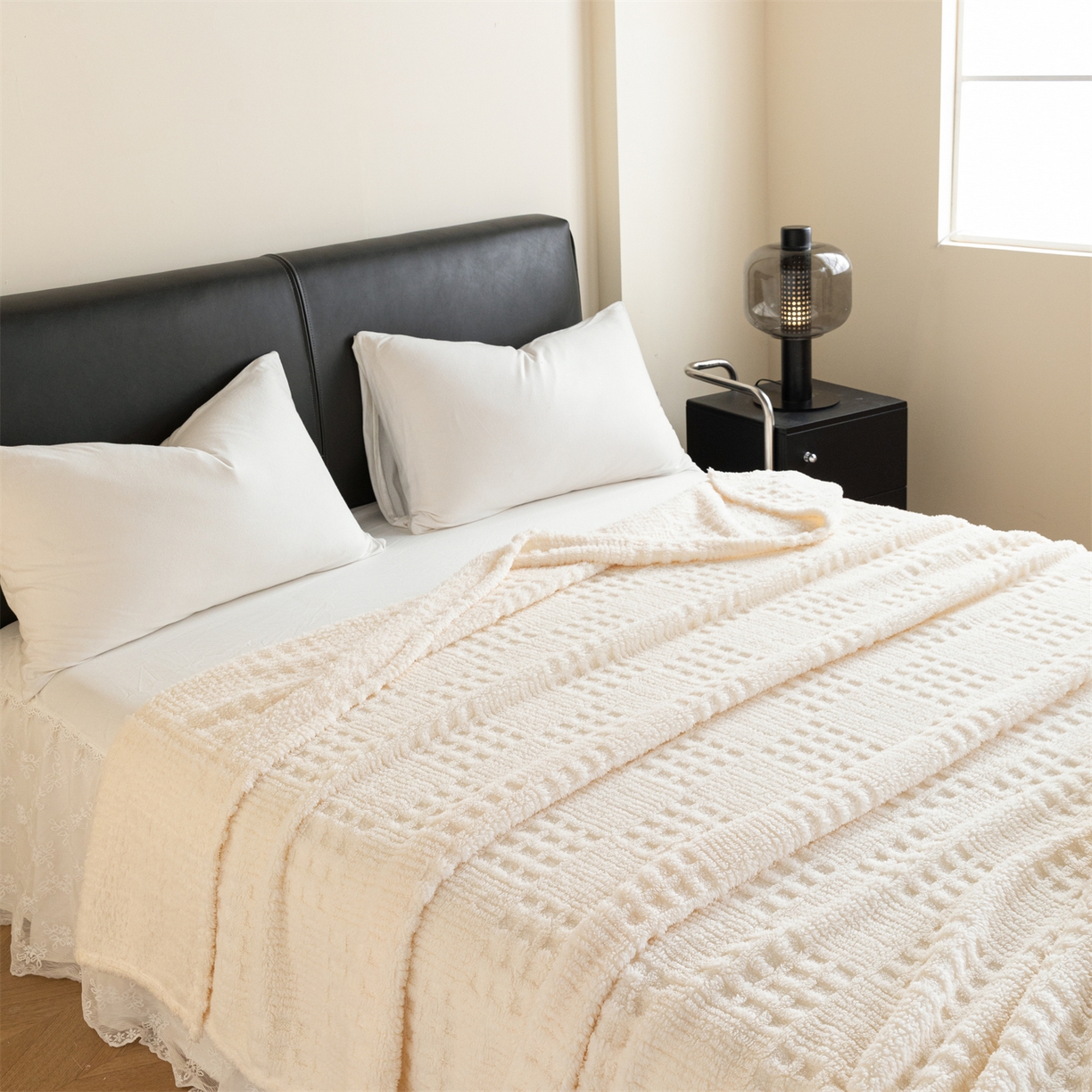 91家纺网 家纺一手货源 找家纺 梵心家纺 2025新款塔芙绒纯色华夫格提花毛毯多功能舒棉绒盖毯午睡毛毯-跨境电商 华夫格-米白