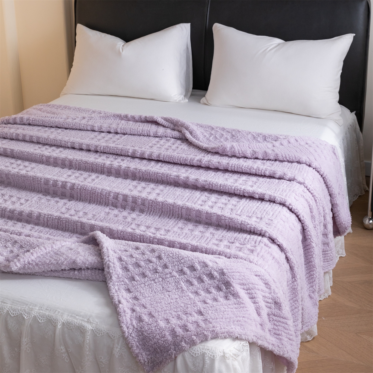 91家纺网 家纺一手货源 找家纺 梵心家纺 2025新款塔芙绒纯色华夫格提花毛毯多功能舒棉绒盖毯午睡毛毯-跨境电商 华夫格-紫色