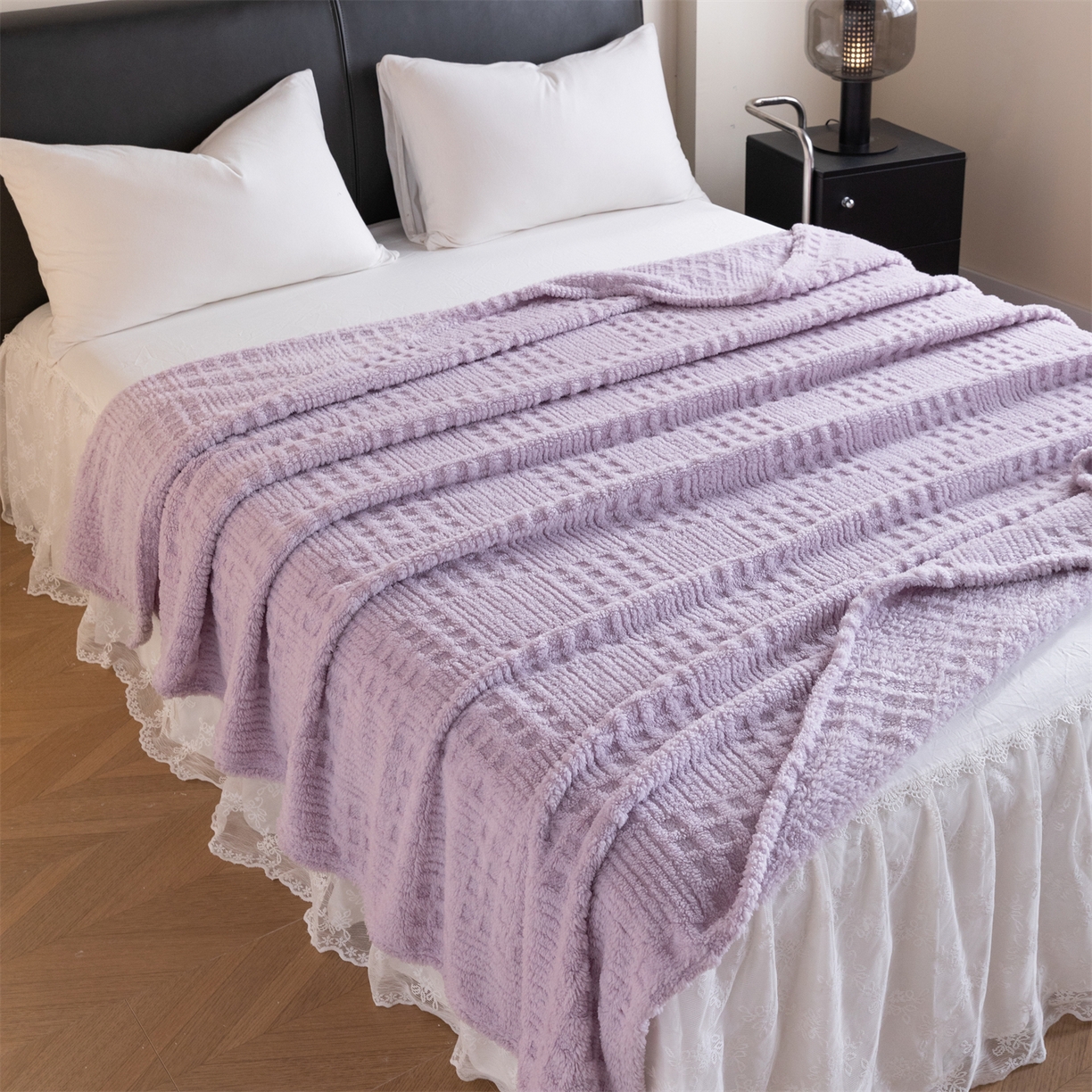 91家纺网 家纺一手货源 找家纺 梵心家纺 2025新款塔芙绒纯色华夫格提花毛毯多功能舒棉绒盖毯午睡毛毯-跨境电商 华夫格-紫色