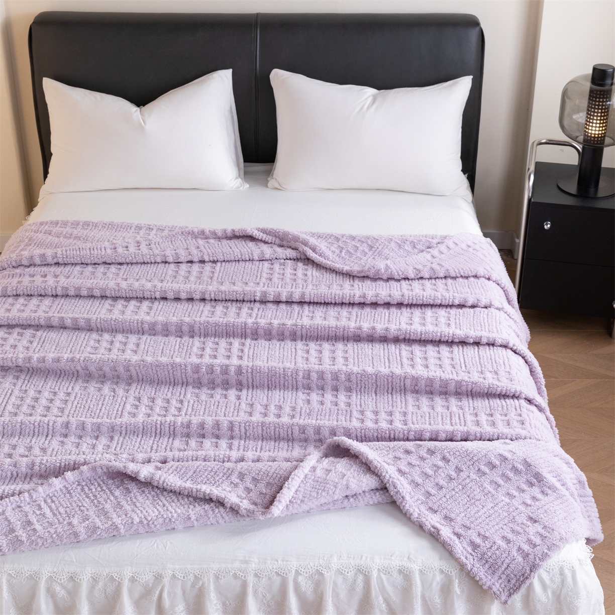91家纺网 家纺一手货源 找家纺 梵心家纺 2025新款塔芙绒纯色华夫格提花毛毯多功能舒棉绒盖毯午睡毛毯-跨境电商 华夫格-紫色