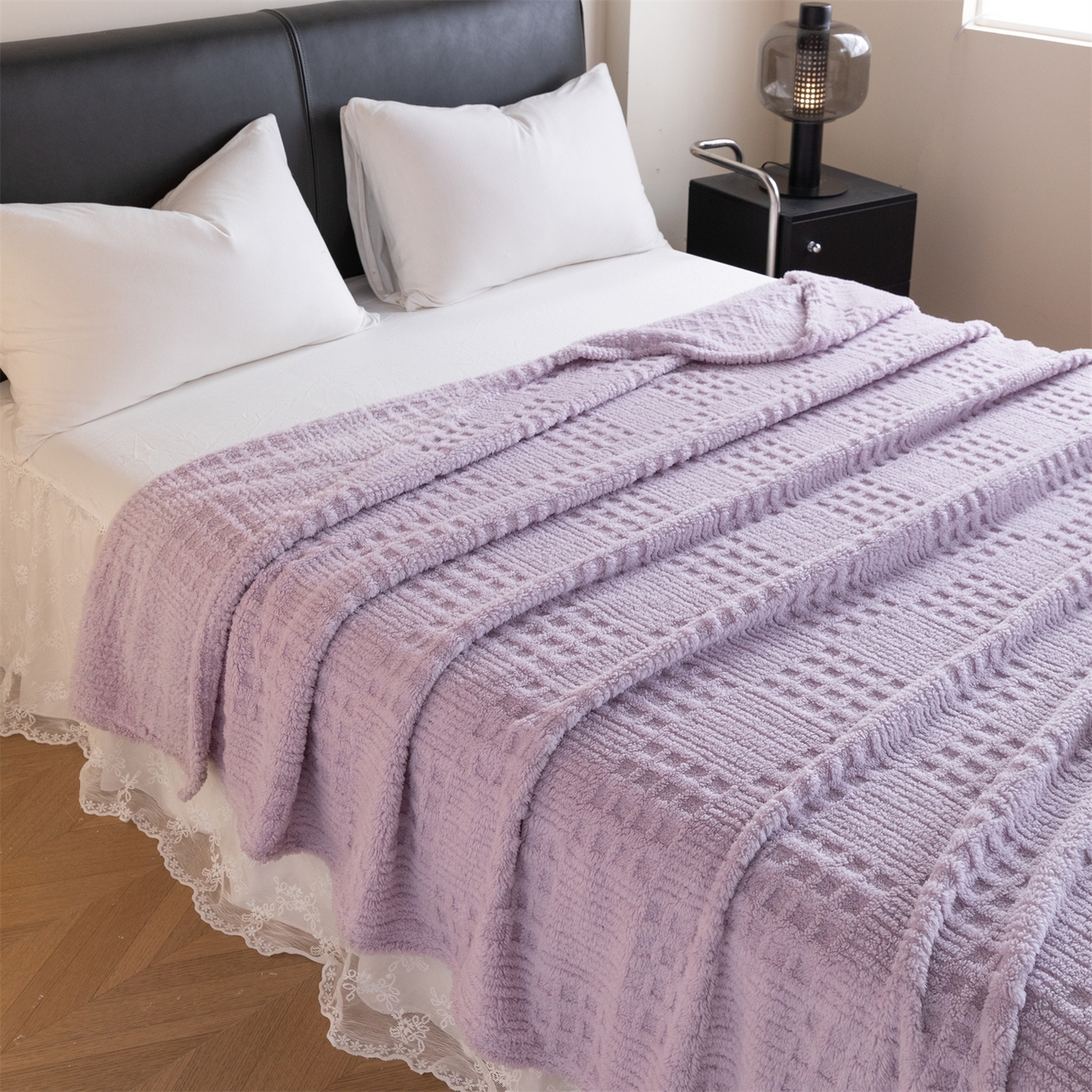 91家纺网 家纺一手货源 找家纺 梵心家纺 2025新款塔芙绒纯色华夫格提花毛毯多功能舒棉绒盖毯午睡毛毯-跨境电商 华夫格-紫色
