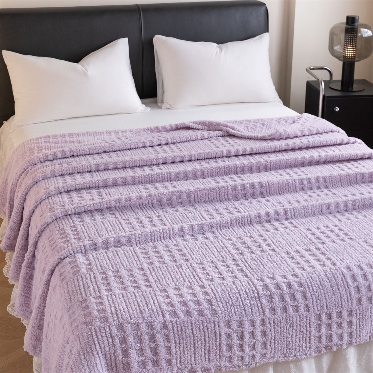 91家纺网 家纺一手货源 找家纺 梵心家纺 2025新款塔芙绒纯色华夫格提花毛毯多功能舒棉绒盖毯午睡毛毯-跨境电商 华夫格-紫色