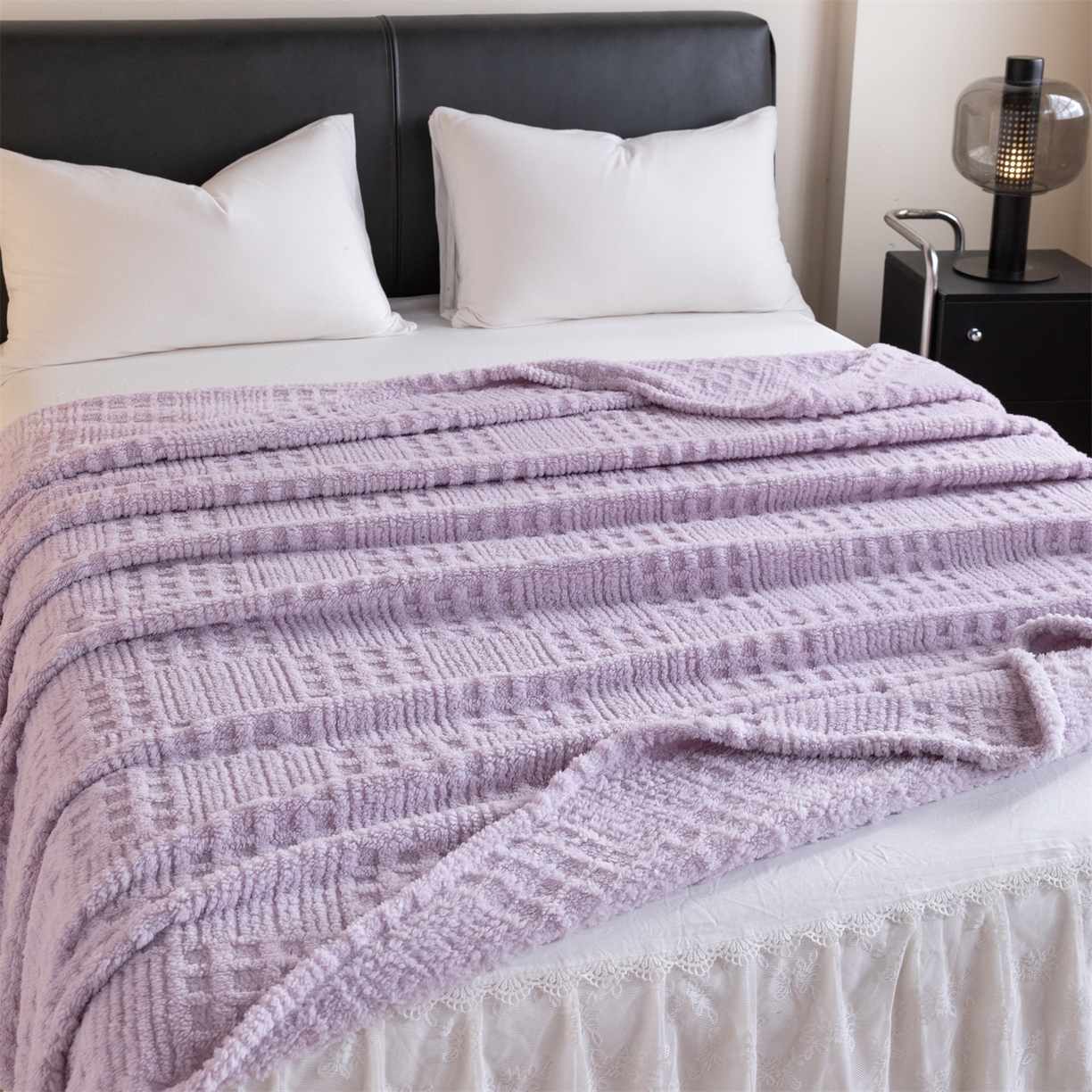 91家纺网 家纺一手货源 找家纺 梵心家纺 2025新款塔芙绒纯色华夫格提花毛毯多功能舒棉绒盖毯午睡毛毯-跨境电商 华夫格-紫色