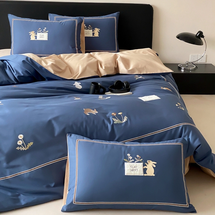 91家纺网 家纺一手货源 找家纺 （总）初拾 2025新款100s全棉纯棉治愈系绣花四件套-雏菊兔