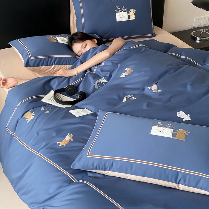 91家纺网 家纺一手货源 找家纺 （总）初拾 2025新款100s全棉纯棉治愈系绣花四件套-雏菊兔