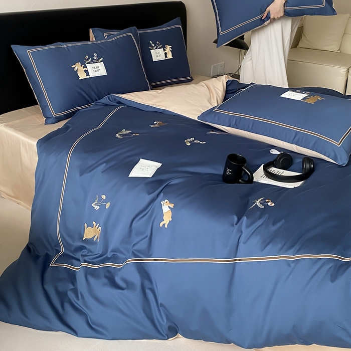 91家纺网 家纺一手货源 找家纺 初拾 2025新款100s全棉纯棉治愈系绣花四件套-雏菊兔 雏菊兔-藏青