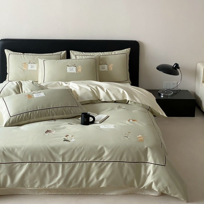 初拾 2025新款100s全棉纯棉治愈系绣花四件套-雏菊兔 雏菊兔-青草绿