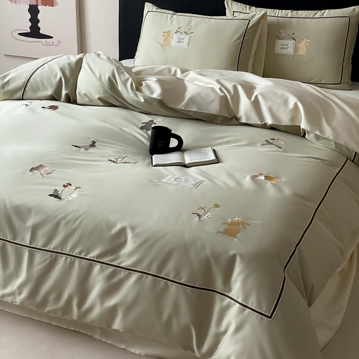 91家纺网 家纺一手货源 找家纺 初拾 2025新款100s全棉纯棉治愈系绣花四件套-雏菊兔 雏菊兔-青草绿