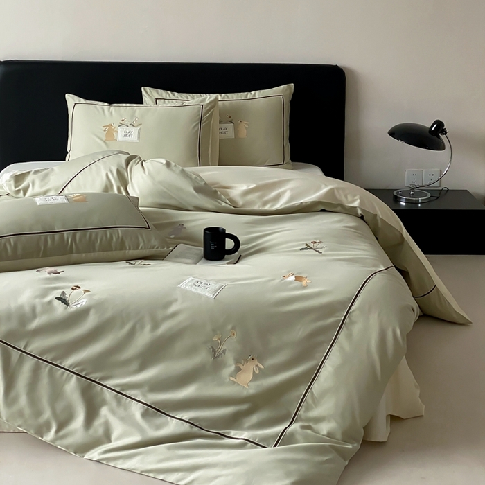 91家纺网 家纺一手货源 找家纺 初拾 2025新款100s全棉纯棉治愈系绣花四件套-雏菊兔 雏菊兔-青草绿