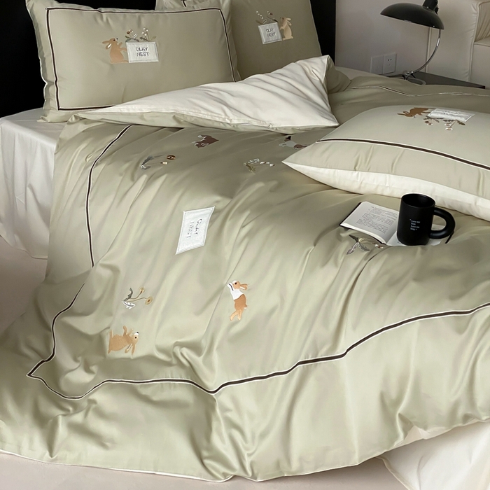 91家纺网 家纺一手货源 找家纺 初拾 2025新款100s全棉纯棉治愈系绣花四件套-雏菊兔 雏菊兔-青草绿