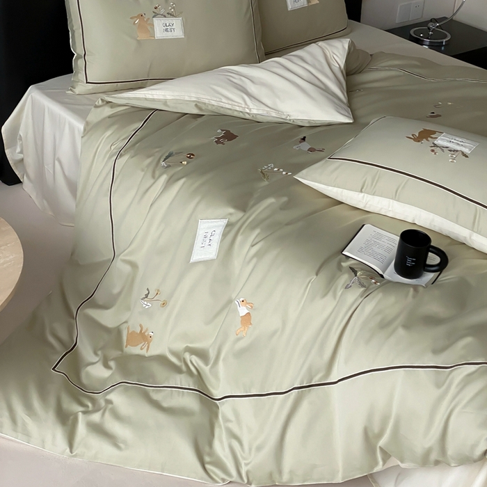 91家纺网 家纺一手货源 找家纺 初拾 2025新款100s全棉纯棉治愈系绣花四件套-雏菊兔 雏菊兔-青草绿