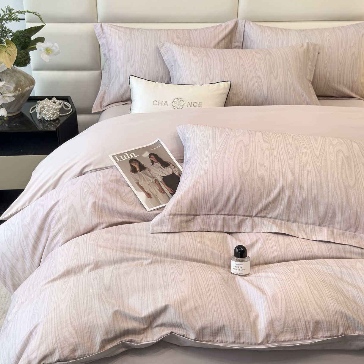 91家纺网 家纺一手货源 找家纺 洺兰家居 2025新款高支高密轻奢数码印花四件套长绒棉纯棉四件套 木纹-棕