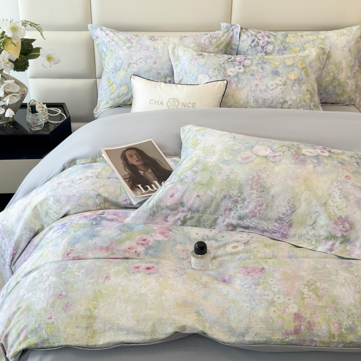 91家纺网 家纺一手货源 找家纺 洺兰家居 2025新款高支高密轻奢数码印花四件套长绒棉纯棉四件套 絮扑帘-绿