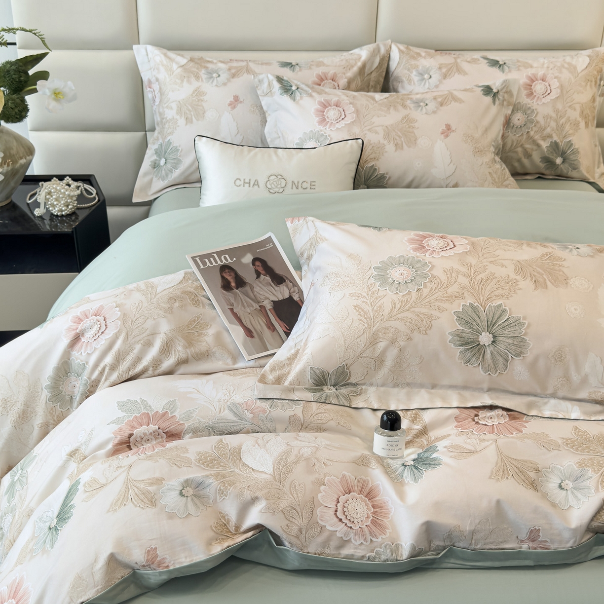 91家纺网 家纺一手货源 找家纺 洺兰家居 2025新款高支高密轻奢数码印花四件套长绒棉纯棉四件套 之简-绿