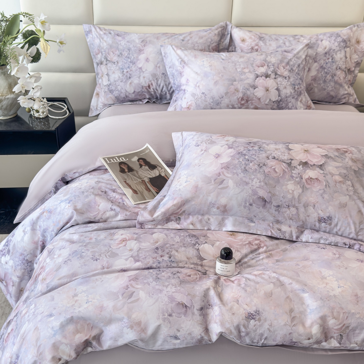 91家纺网 家纺一手货源 找家纺 洺兰家居 2025新款高支高密轻奢数码印花四件套长绒棉纯棉四件套 枝瑾-紫