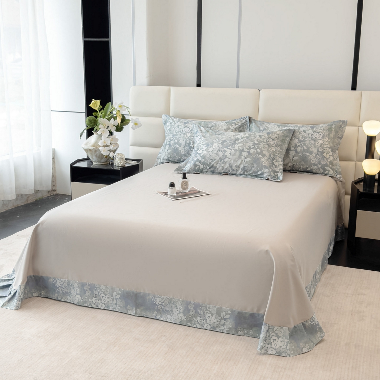 91家纺网 家纺一手货源 找家纺 洺兰家居 2025新款高支高密轻奢数码印花四件套长绒棉纯棉四件套 尘海-绿