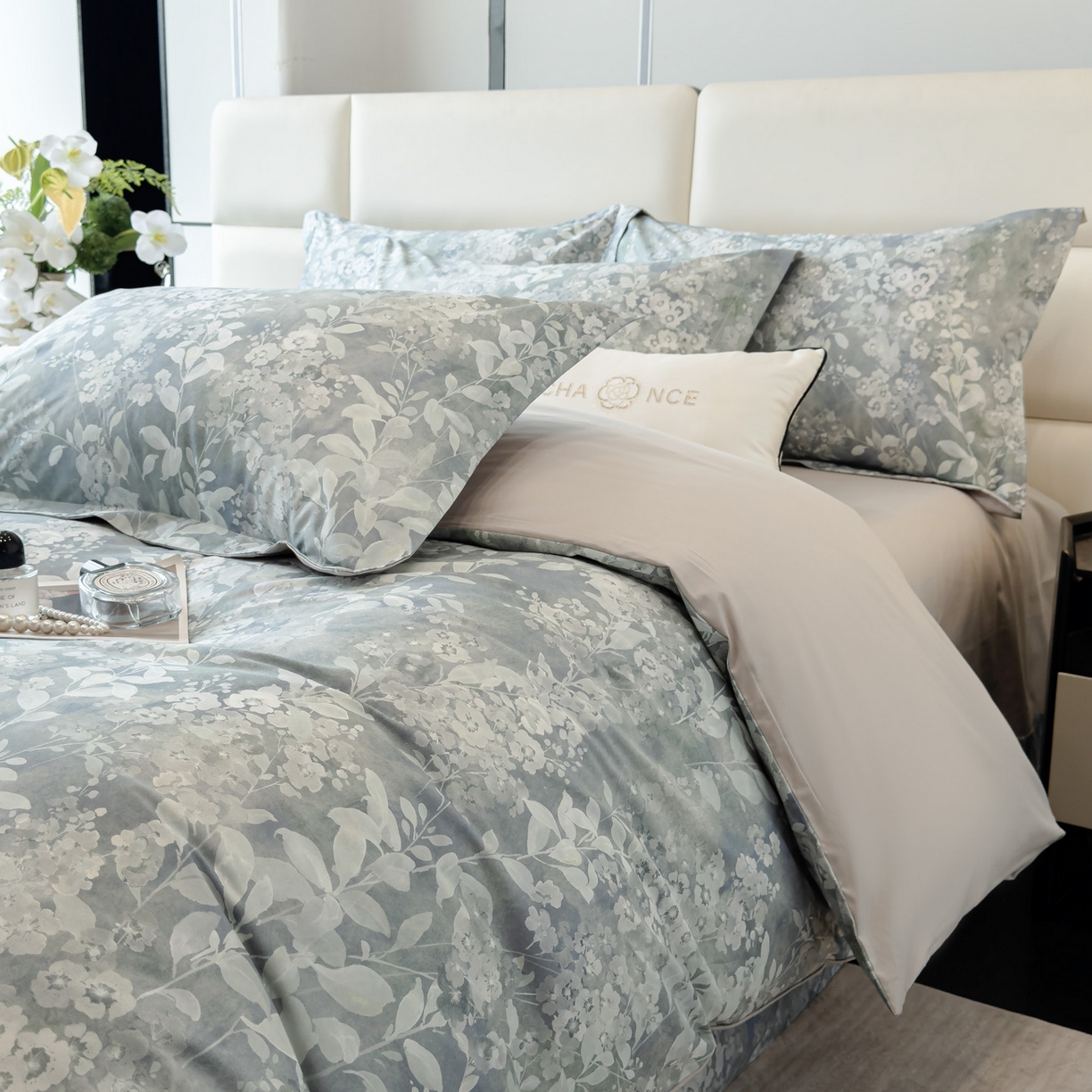 91家纺网 家纺一手货源 找家纺 洺兰家居 2025新款高支高密轻奢数码印花四件套长绒棉纯棉四件套 尘海-绿