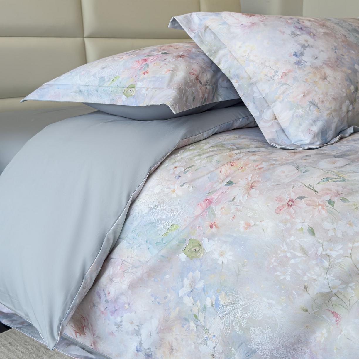 91家纺网 家纺一手货源 找家纺 洺兰家居 2025新款高支高密轻奢数码印花四件套长绒棉纯棉四件套 椿山絮-兰