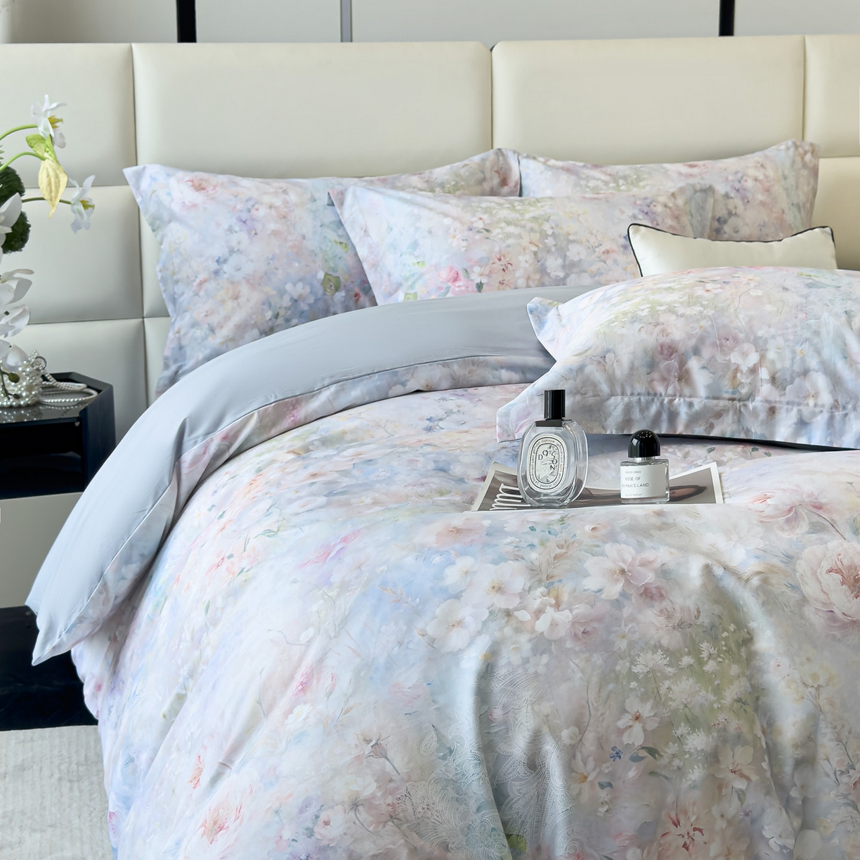 91家纺网 家纺一手货源 找家纺 洺兰家居 2025新款高支高密轻奢数码印花四件套长绒棉纯棉四件套 椿山絮-兰