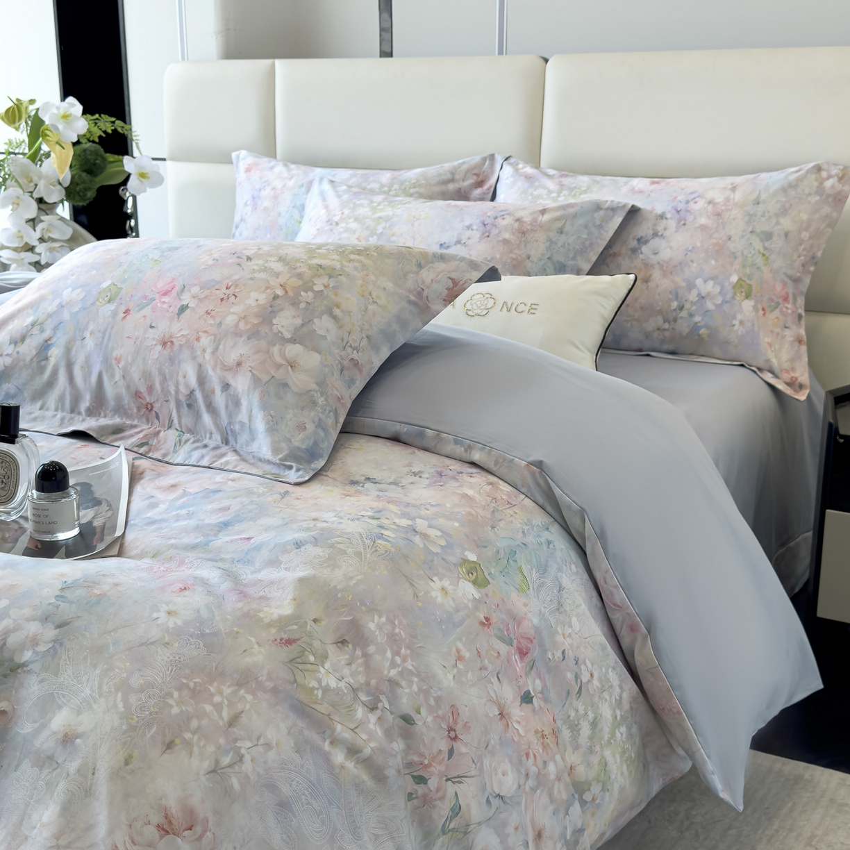 91家纺网 家纺一手货源 找家纺 洺兰家居 2025新款高支高密轻奢数码印花四件套长绒棉纯棉四件套 椿山絮-兰