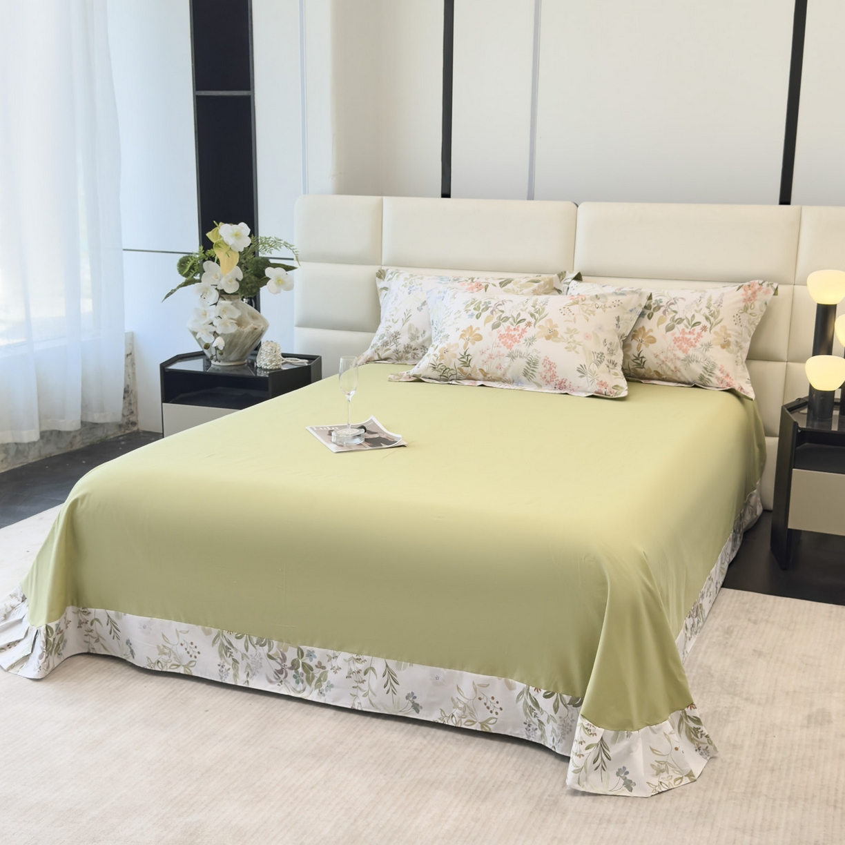 91家纺网 家纺一手货源 找家纺 洺兰家居 2025新款高支高密轻奢数码印花四件套长绒棉纯棉四件套 扶桑-绿