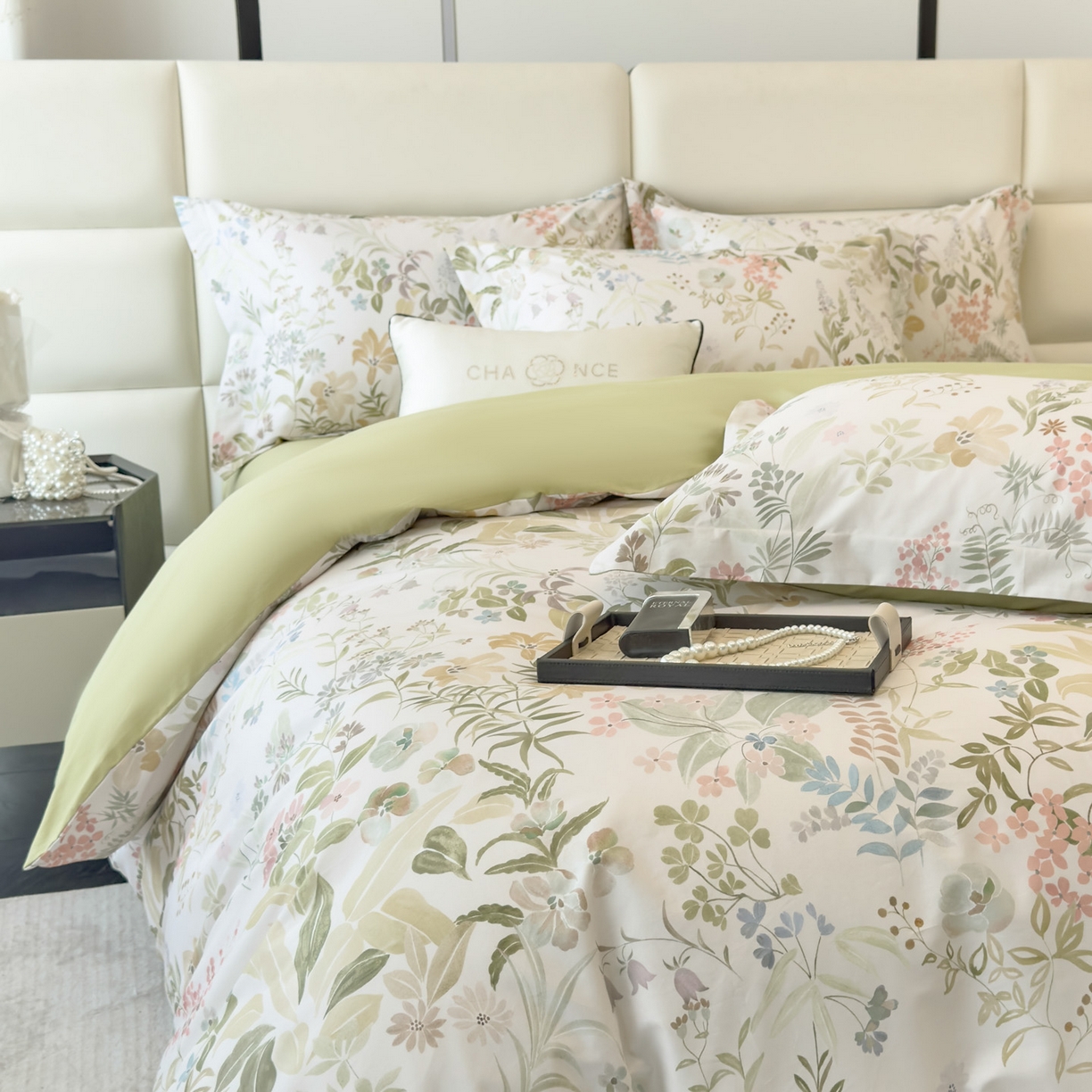 91家纺网 家纺一手货源 找家纺 洺兰家居 2025新款高支高密轻奢数码印花四件套长绒棉纯棉四件套 扶桑-绿