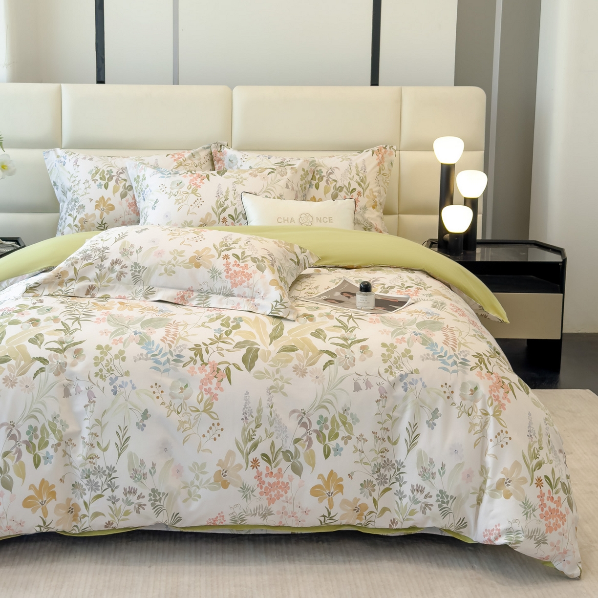 91家纺网 家纺一手货源 找家纺 洺兰家居 2025新款高支高密轻奢数码印花四件套长绒棉纯棉四件套 扶桑-绿