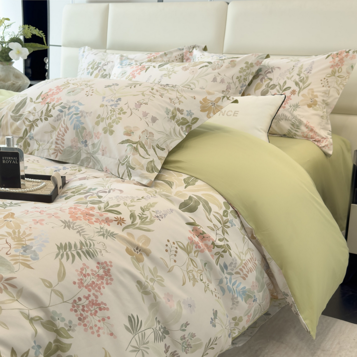 91家纺网 家纺一手货源 找家纺 洺兰家居 2025新款高支高密轻奢数码印花四件套长绒棉纯棉四件套 扶桑-绿