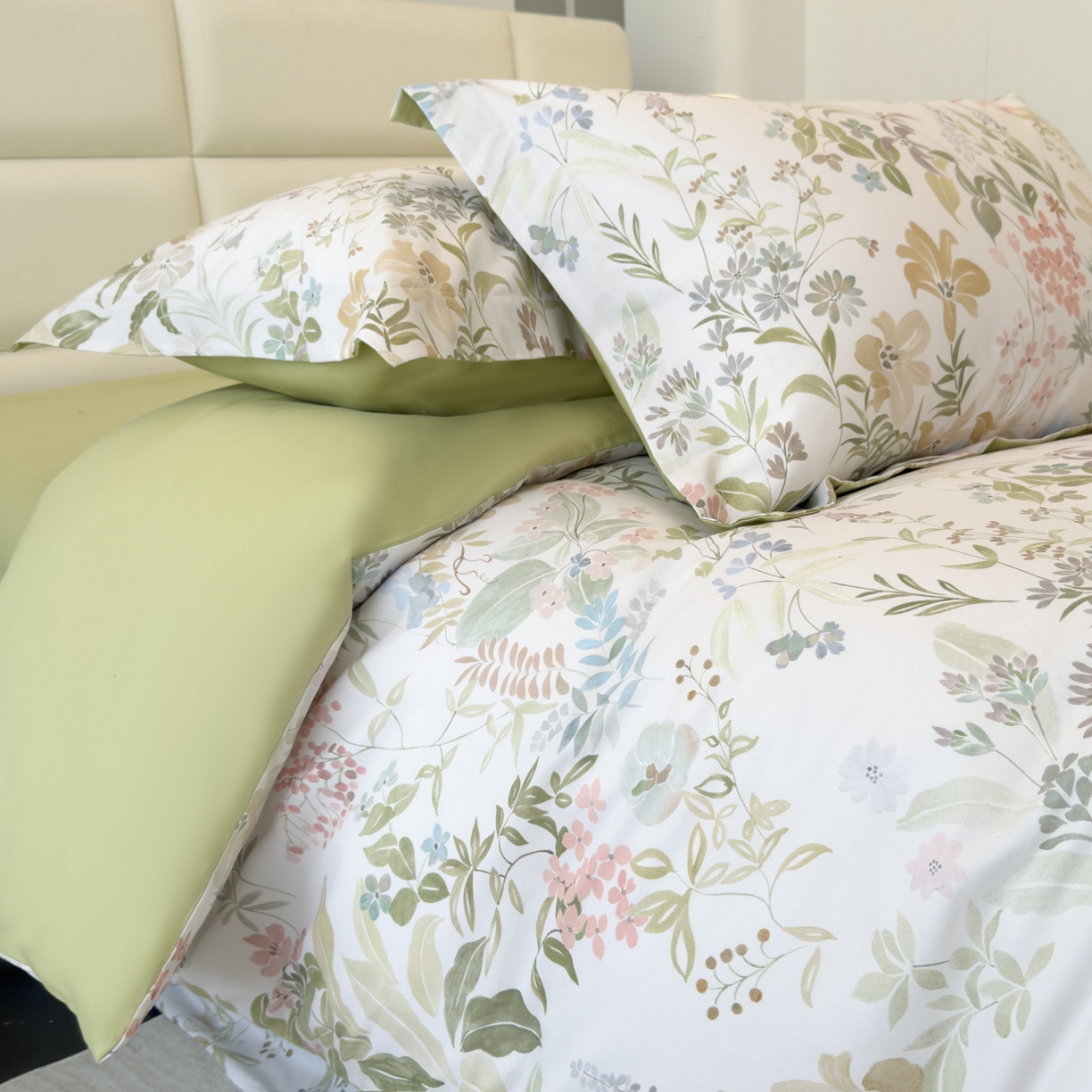 91家纺网 家纺一手货源 找家纺 洺兰家居 2025新款高支高密轻奢数码印花四件套长绒棉纯棉四件套 扶桑-绿