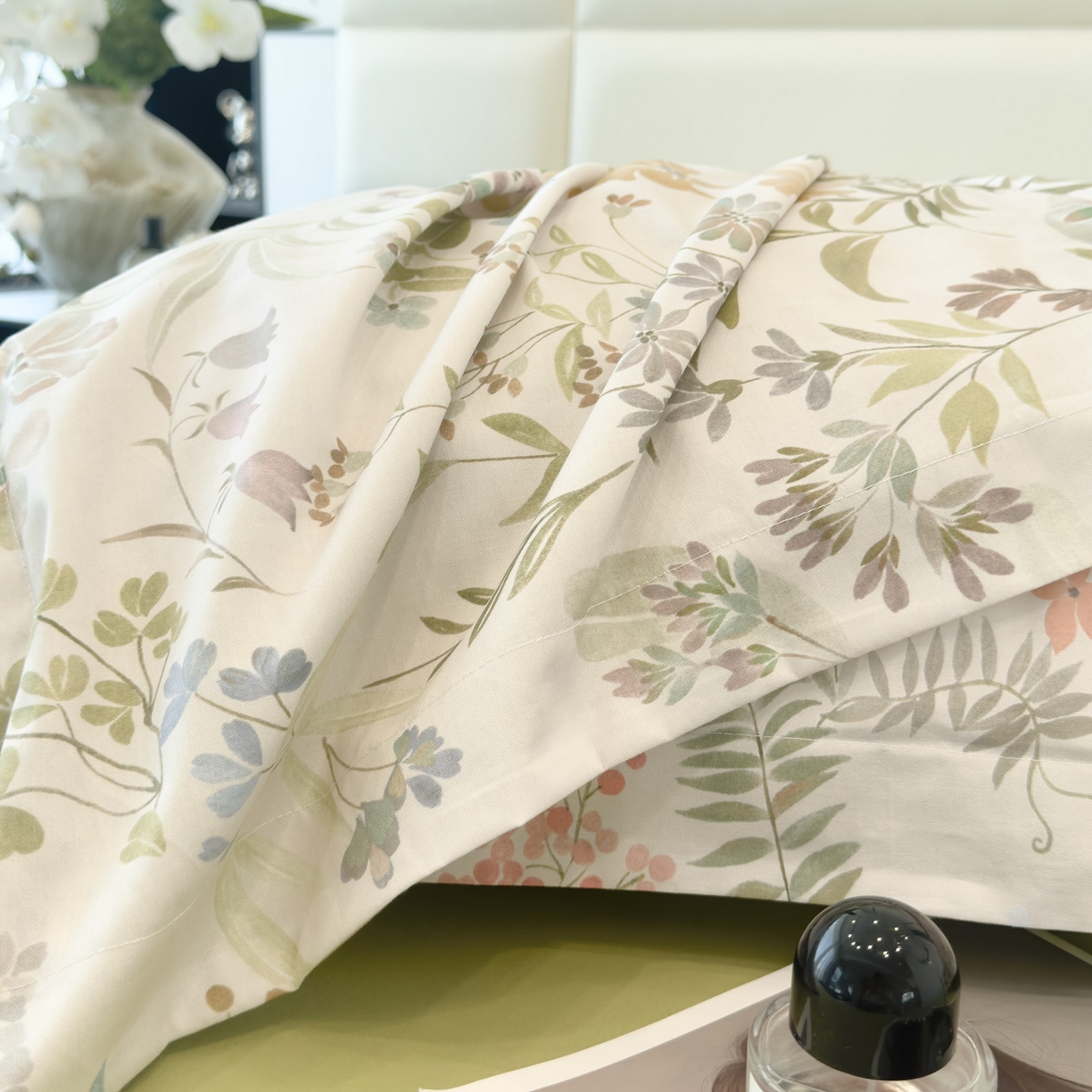 91家纺网 家纺一手货源 找家纺 洺兰家居 2025新款高支高密轻奢数码印花四件套长绒棉纯棉四件套 扶桑-绿