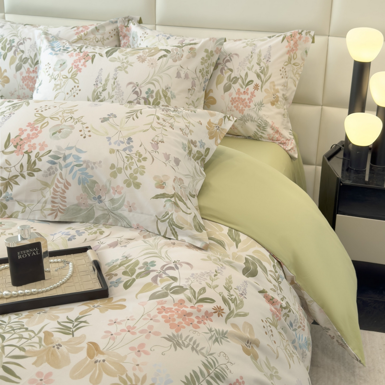 91家纺网 家纺一手货源 找家纺 洺兰家居 2025新款高支高密轻奢数码印花四件套长绒棉纯棉四件套 扶桑-绿