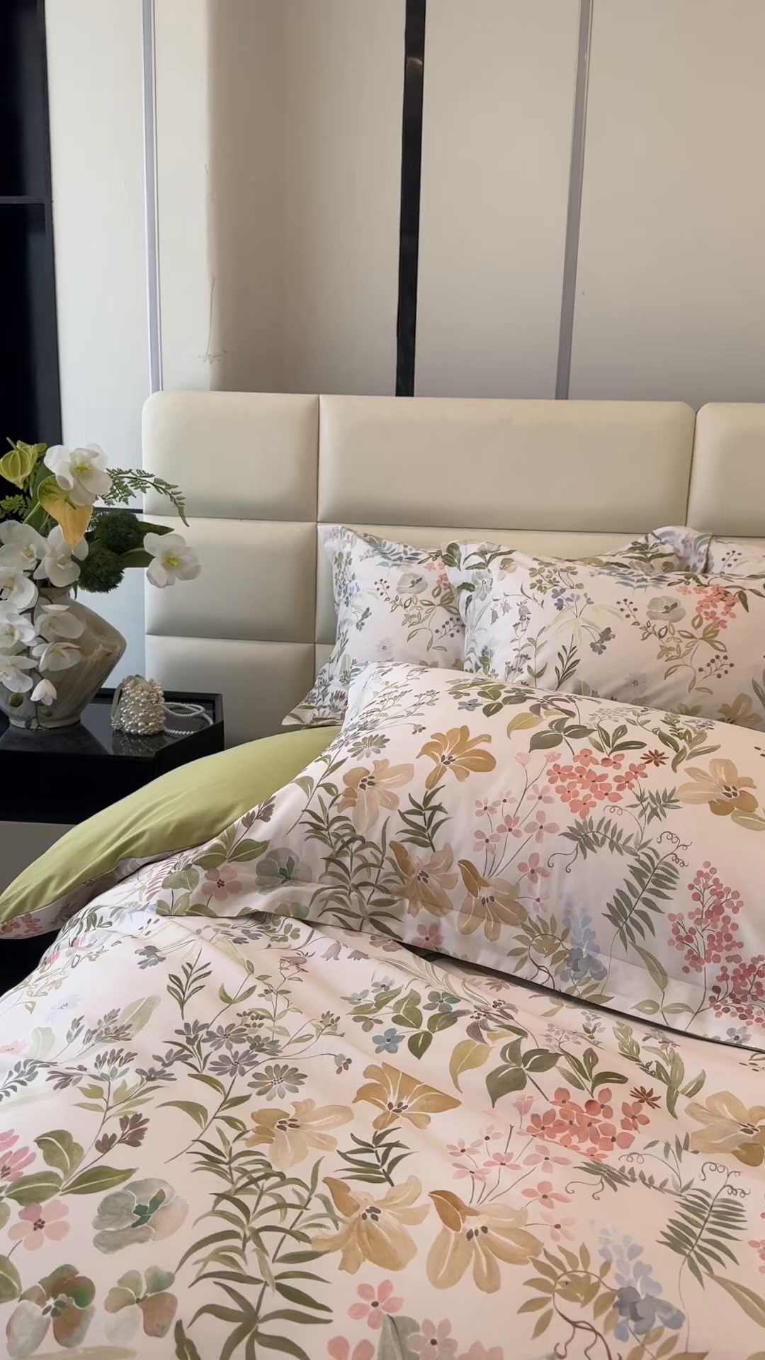 91家纺网 家纺一手货源 找家纺 洺兰家居 2025新款高支高密轻奢数码印花四件套长绒棉纯棉四件套 扶桑-绿