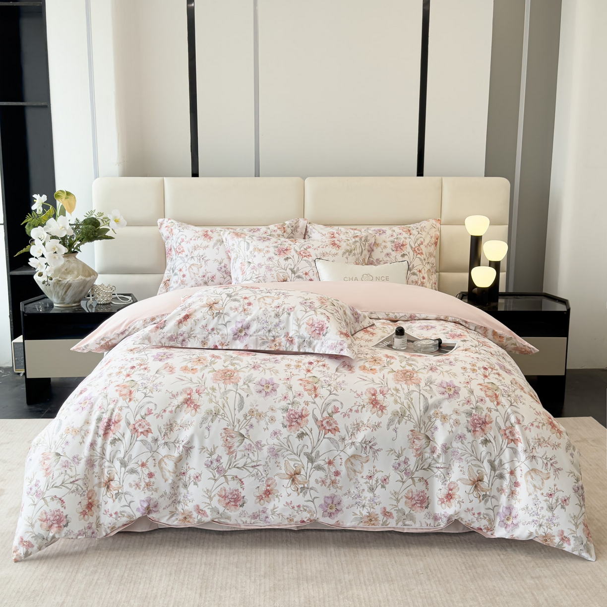 91家纺网 家纺一手货源 找家纺 洺兰家居 2025新款高支高密轻奢数码印花四件套长绒棉纯棉四件套 锦予-粉